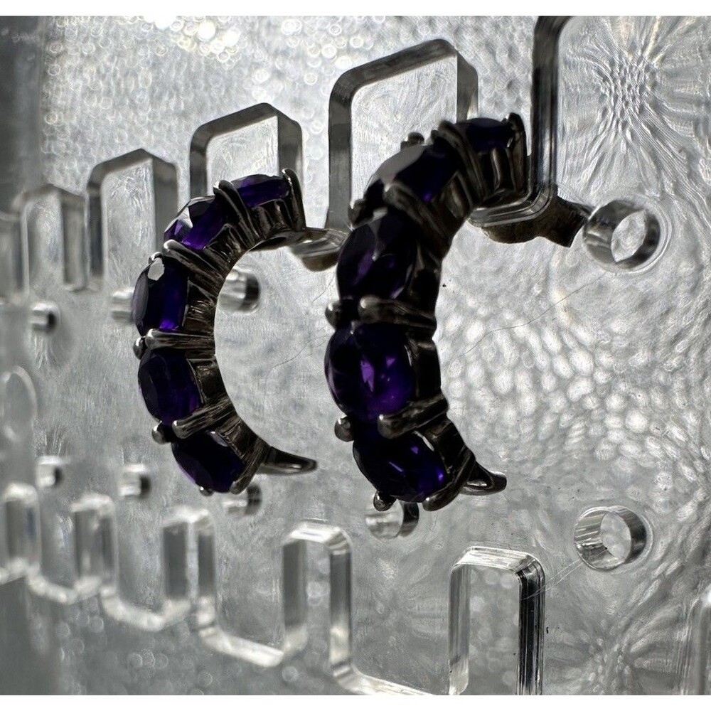 Dark Amethyst & Sterling Hoop Earrings .75 L - Picture 3 of 5
